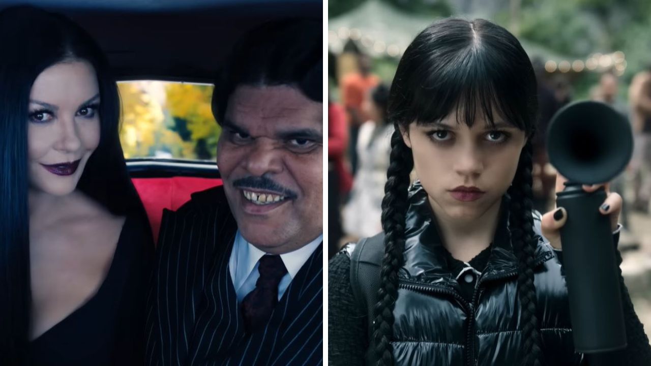 Osoby v tmavom oblečení, jedna s čiernymi vlasmi v aute, druhá vonku s megafónom, tmavý výraz.