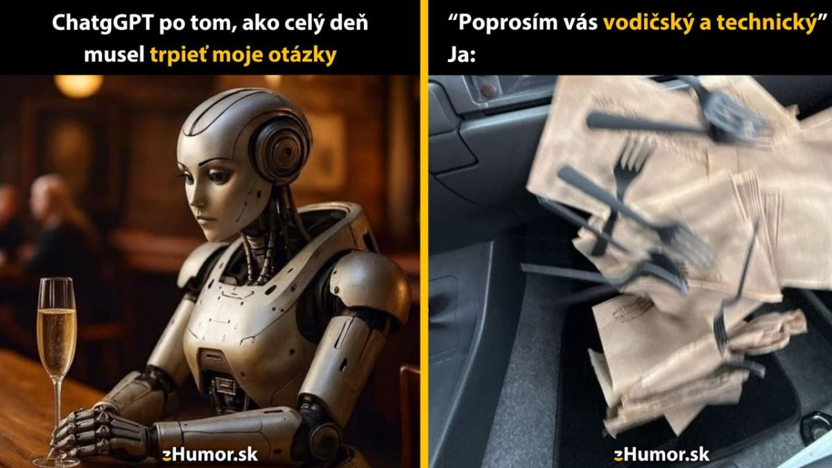 Robot so šampanským a fotka príborov v aute s textom o otázkach a dokladoch.