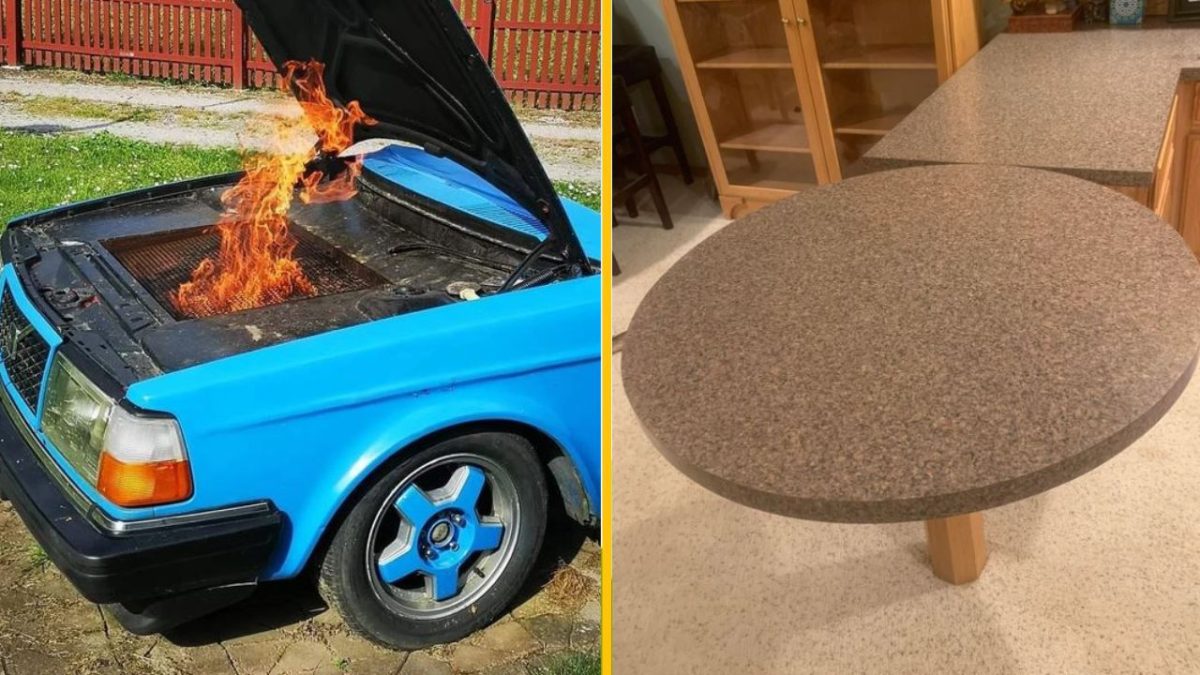 Automobil premenený na gril s plameňom a kuchynská doska s okrúhlym predĺžením. Kreatívne využitie objektov.