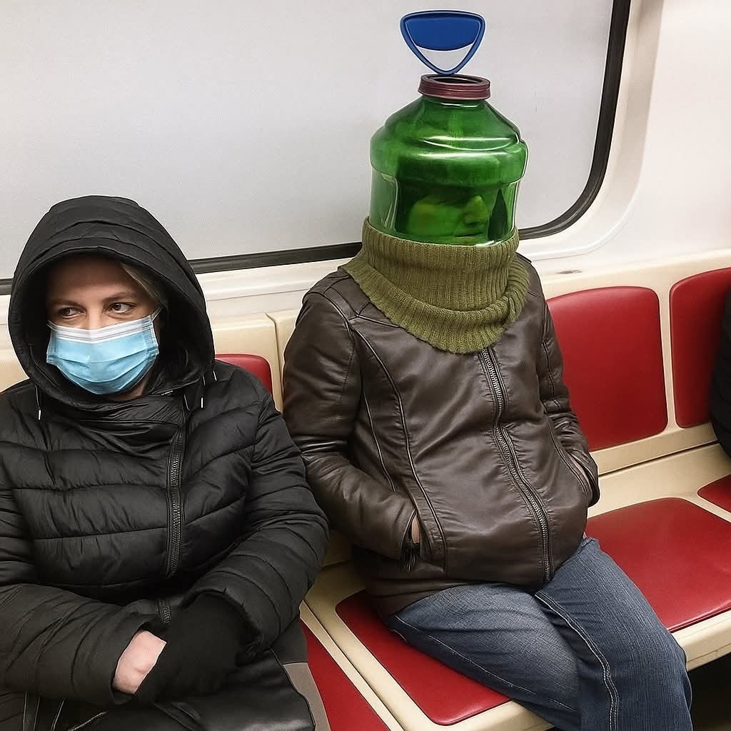 Cestujúci v metre, jeden má na hlave veľkú zelenú fľašu, vedľa sedí žena v maske.