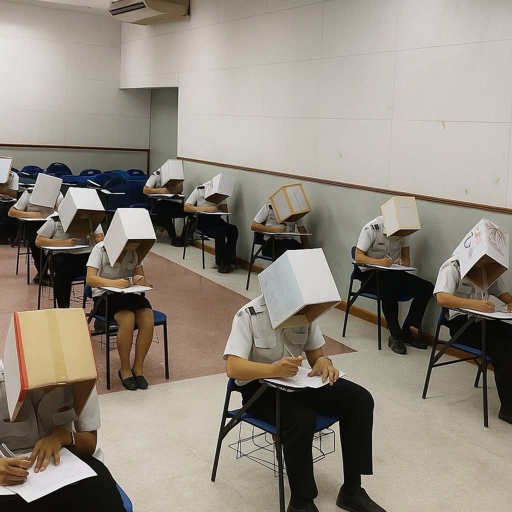 Študenti v triede píšu testy s kartónovými krabicami na hlavách ako antiplagiátorskou ochranou.