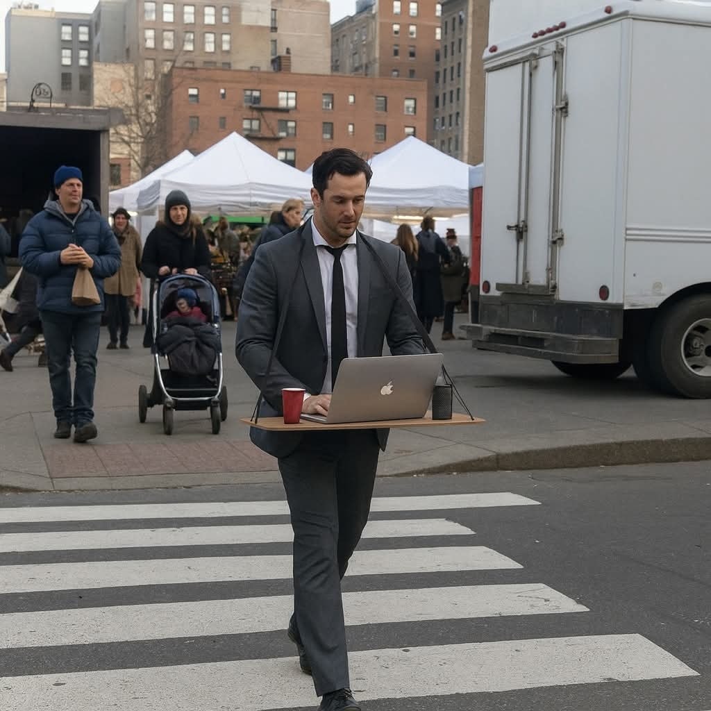 Obchodný muž s notebookom a šálkou kávy na prechode v rušnom mestskom prostredí.