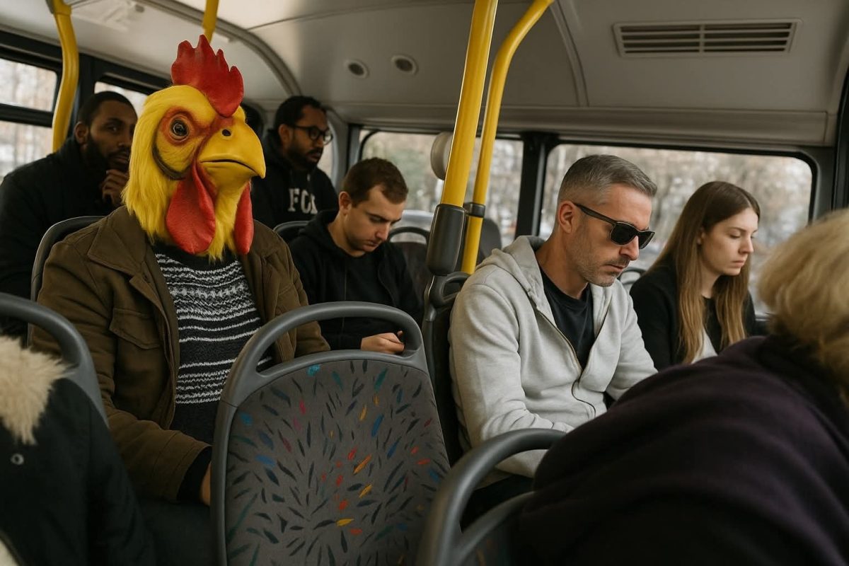 Osoba s maskou kohúta cestuje autobusom medzi ostatnými cestujúcimi.