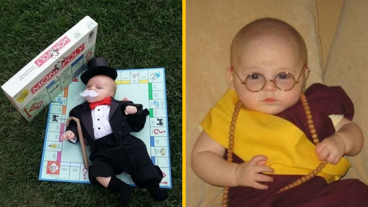 Bábätko v kostýme Monopoly na hracej doske a bábätko s okuliarmi a perlovým náhrdelníkom na gauči.