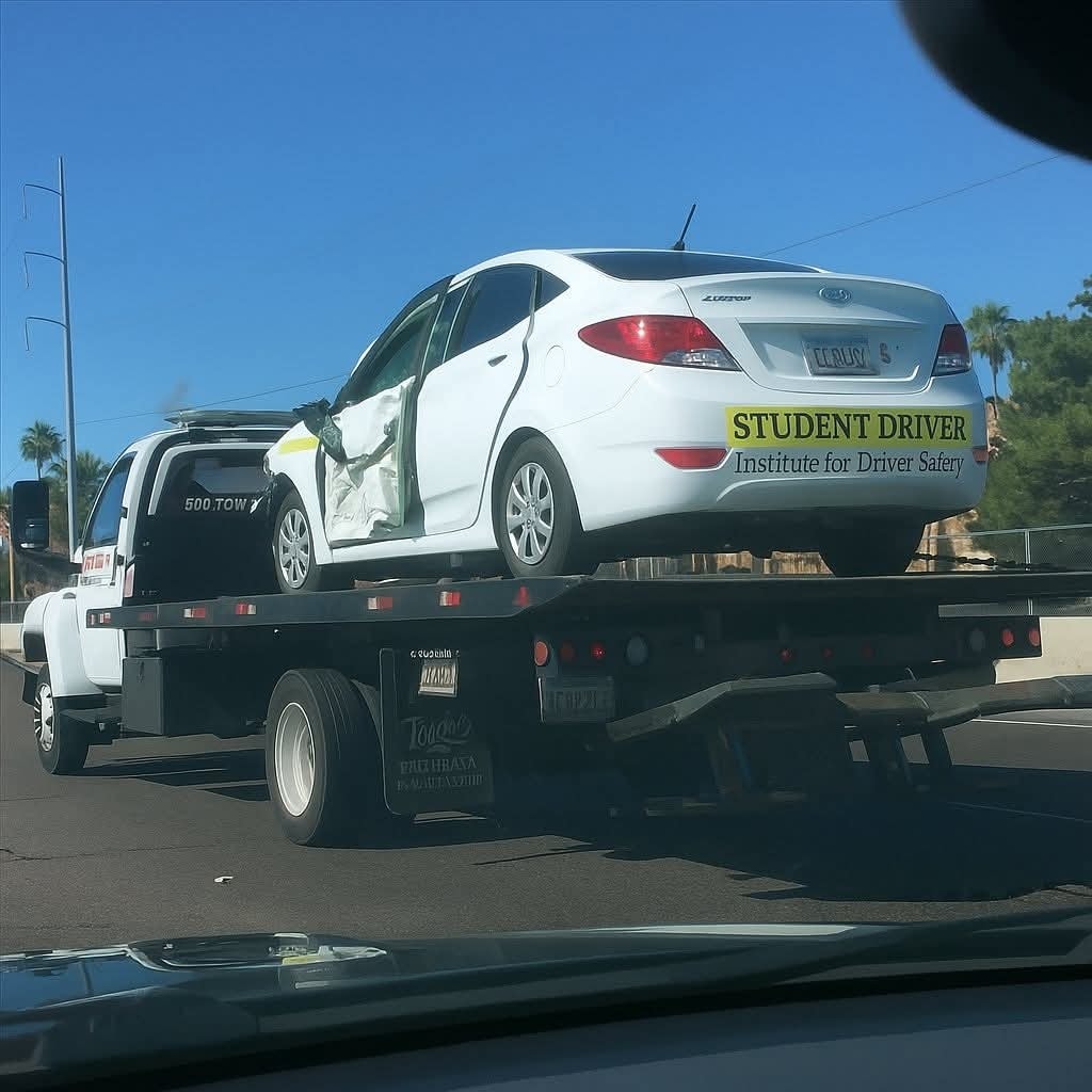Auto pre študentov na odťahovom vozidle s poškodenými dverami, označené ako študent vodič, slnečný deň.