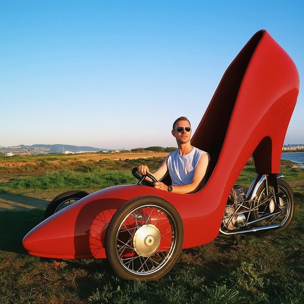 Muž jazdí v aute v tvare obrovskej červenej topánky na podpätku na vidieckej ceste za slnečného dňa.