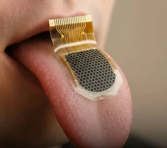 Jazyk s elektronickým senzorom, zobrazujúci technológiu analýzy chutí.