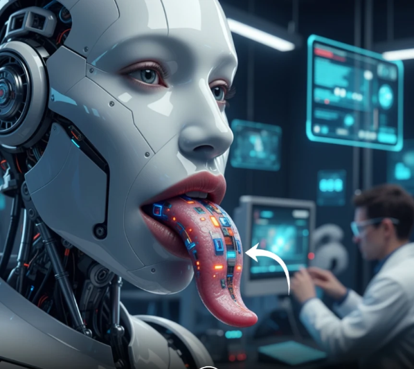 Robotská tvár s technologickým jazykom, v pozadí vedec pracujúci pri počítači v laboratóriu.