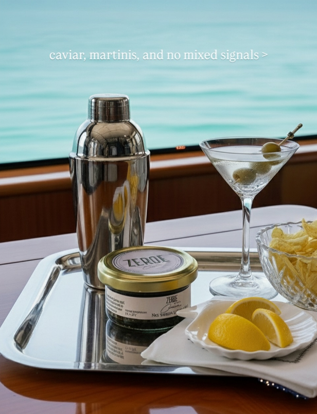 Luxusný podnos s martini, kaviárom, citrónmi a čipsami na lodi pri mori.