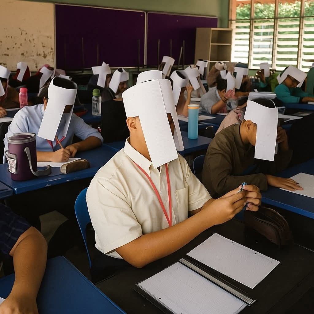 Študenti v triede s papierovými čiapkami, sústredení na písanie testu.