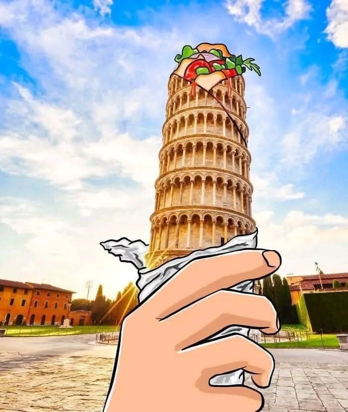 Šikmá veža v Pise vyzerá ako chutný wrap v ruke, kreatívna fotomontáž na modrej oblohe.