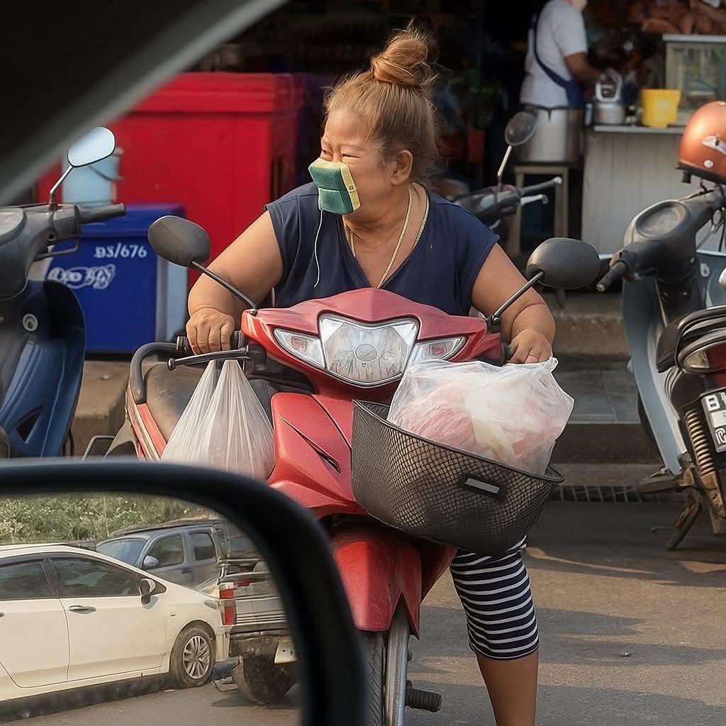 Osoba na skútri s nákupnými taškami a rúškom na tvári na rušnej ulici.