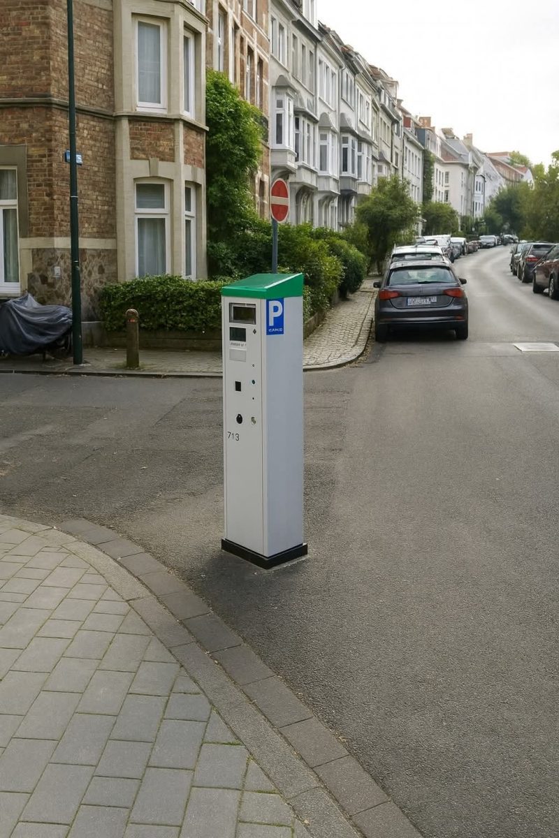 Parkovací automat na tichej ulici lemovanej obytnými domami a zaparkovanými autami.