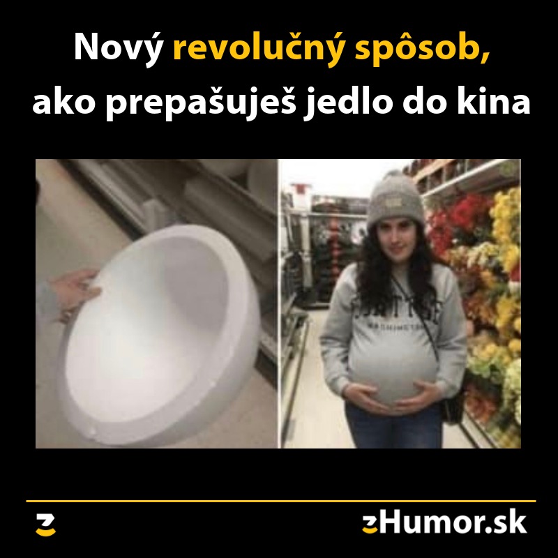 Žena s umelým bruškom na jedlo v kine, vtipná taktika prepašovania občerstvenia.