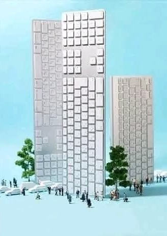 Vysoké budovy z klávesníc obklopené ľuďmi a stromami na modrej oblohe. Kreatívna architektúra a technológie.