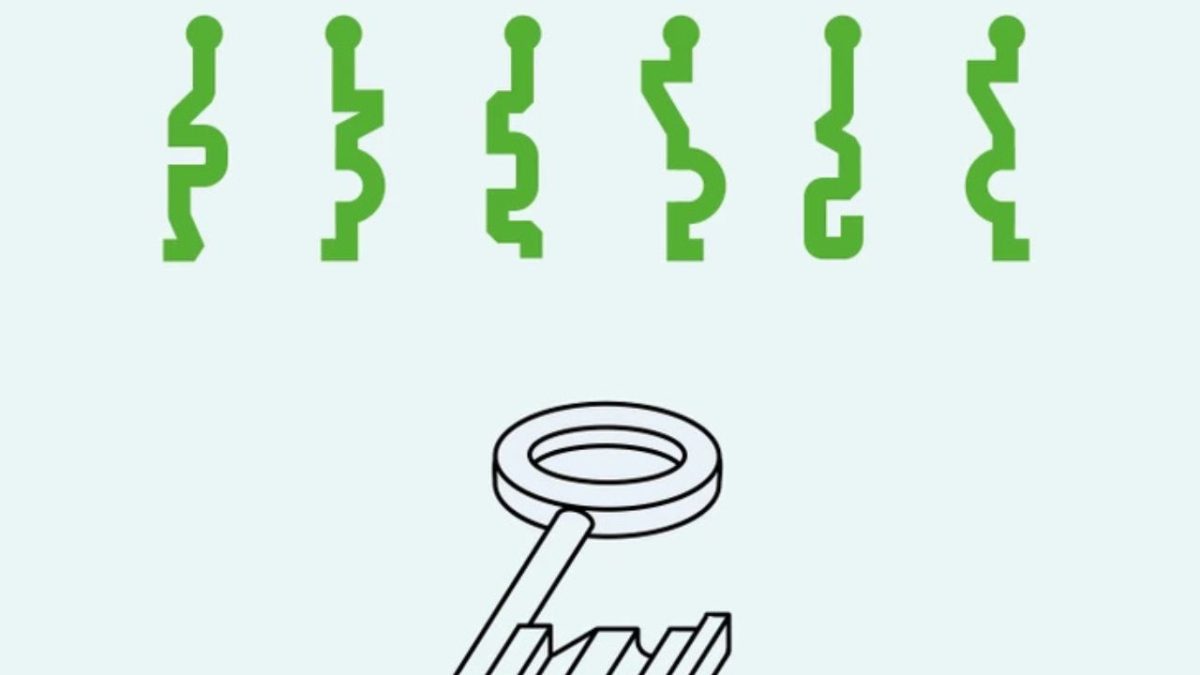 Zelené symboly a čierny kľúč na svetlom pozadí, vizualizácia abstraktnej logiky a riešenia problémov.