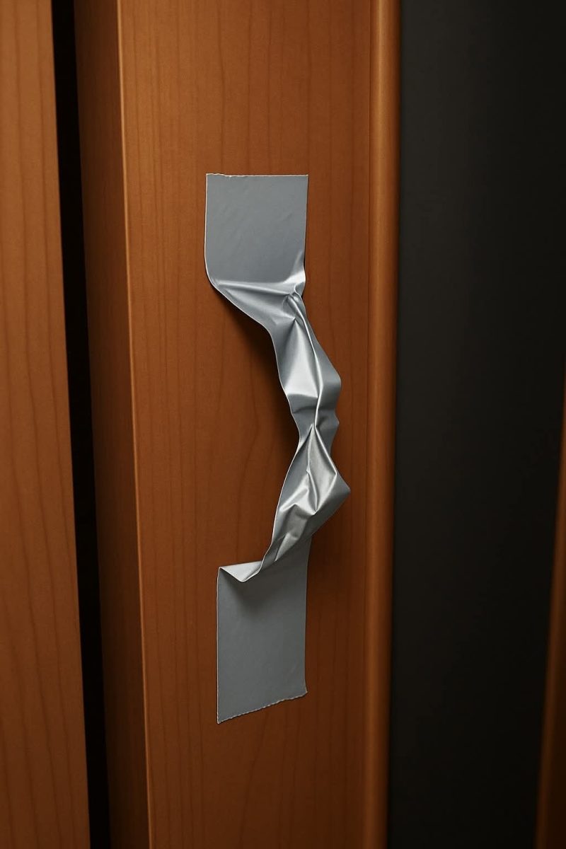 Páska v striebornej farbe pripevnená na drevenom povrchu, skrútená do nepravidelného tvaru.