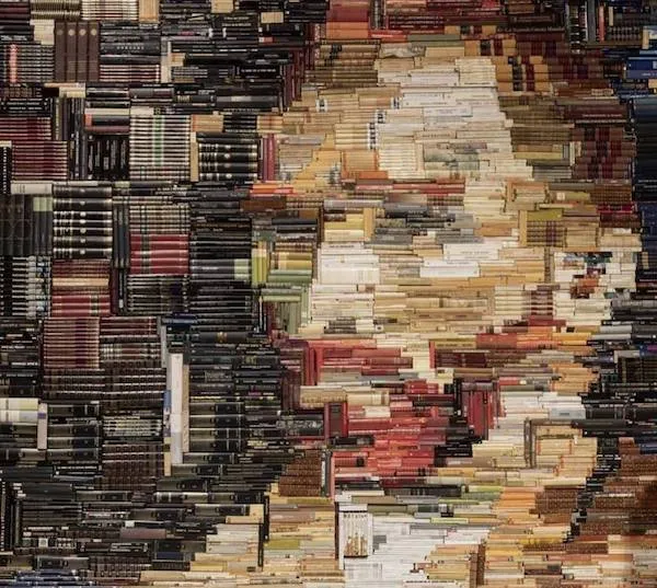 Mozaikový portrét vytvorený z kníh, zobrazujúci detailný pohľad na tvár s rôznymi odtieňmi a textúrami.