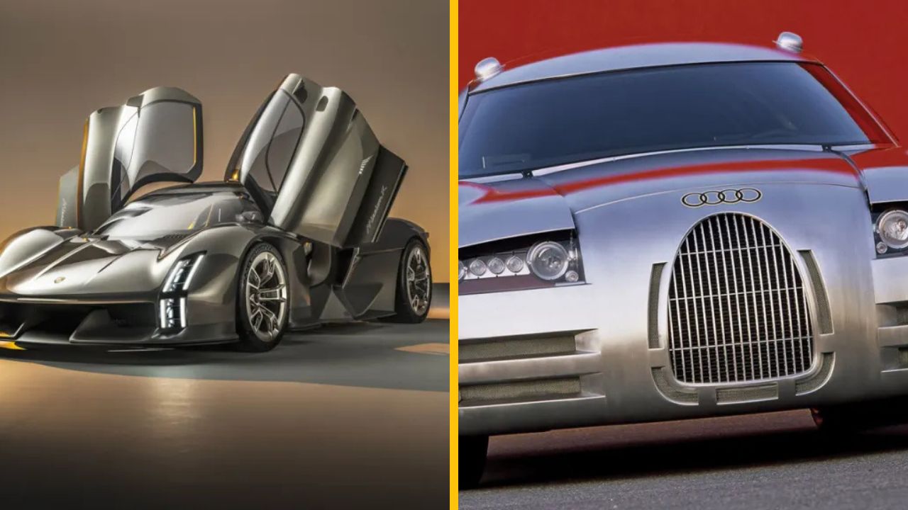 Dva futuristické športové koncepty áut so zdvihnutými dverami a výraznými prednými maskami.