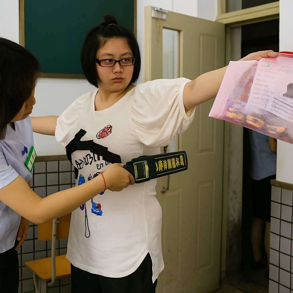 Osoba je kontrolovaná bezpečnostným skenerom v škole; má tašku s predmetmi.