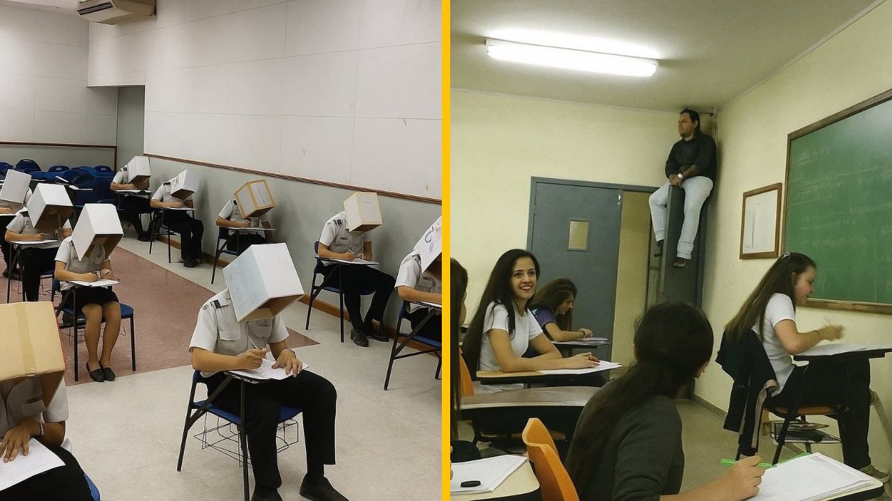 Študenti v triede s krabicami na hlavách počas testu, učiteľ sleduje z výšky. Nezvyčajná protipodvodová metóda.