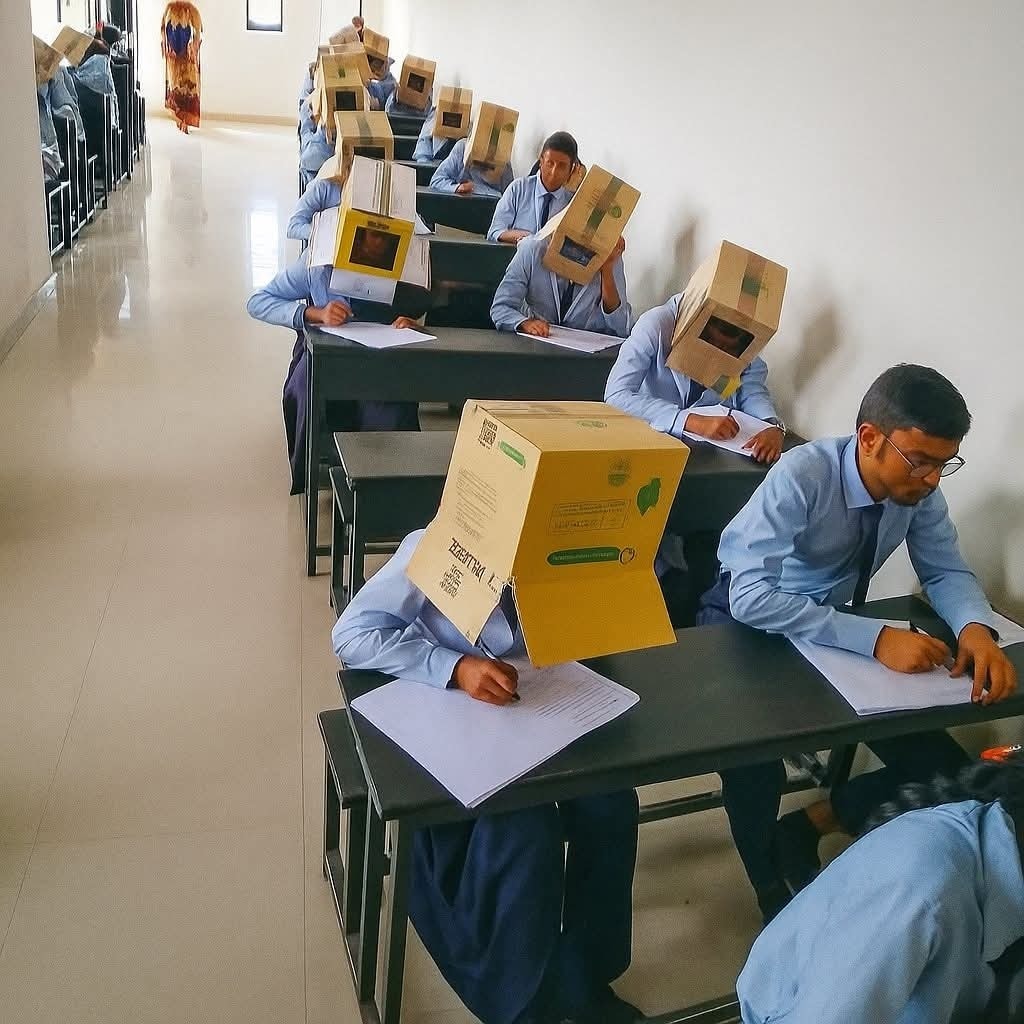 Študenti v triede s kartónovými škatuľami na hlavách, písanie písomky, neobvyklý spôsob prevencie opisovania.