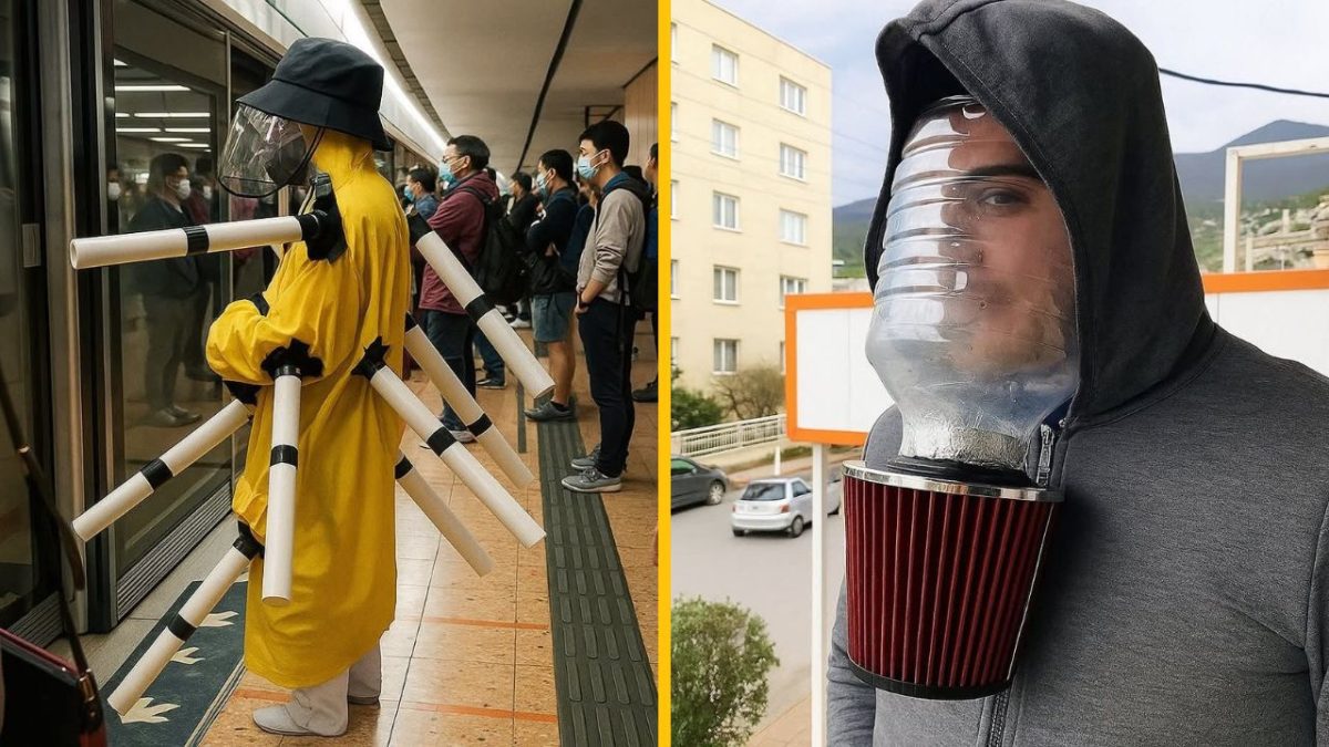 Osobitné domácky vyrobené ochranné pomôcky na verejných miestach počas pandémie COVID-19.