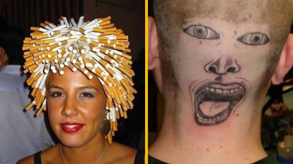 Žena s klobúkom z cigariet a muž so žartovným tetovaním tváre na hlave, kreatívna a vtipná móda.