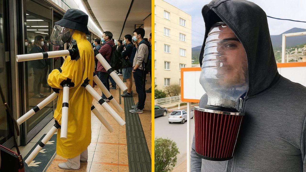 Osobitné domácky vyrobené ochranné pomôcky na verejných miestach počas pandémie COVID-19.