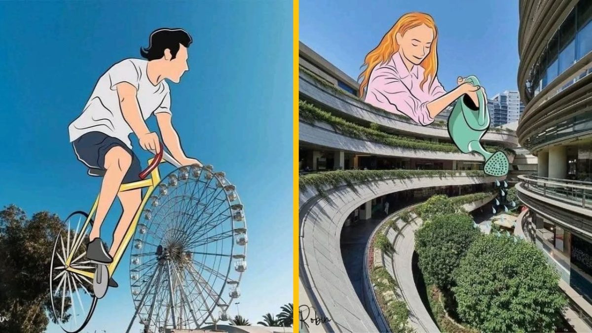 Ilustrácie kombinujúce realitu a fantáziu: cyklista na ruské koleso a žena polievajúca budovu s rastlinami.