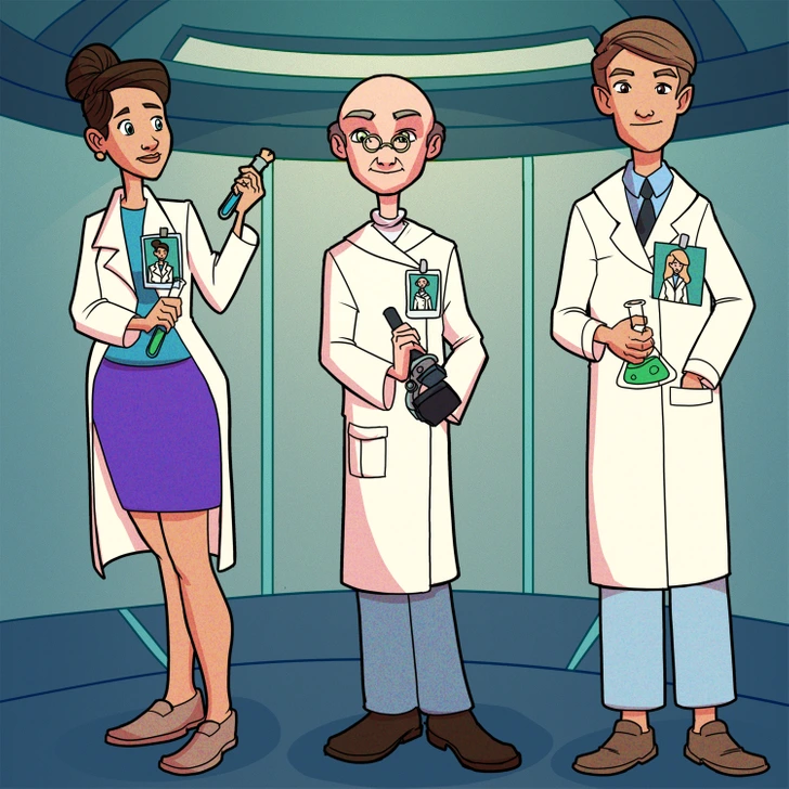 Trojica vedcov v laboratórnych plášťoch skúma chemické vzorky s mikroskopom a kadičkami.