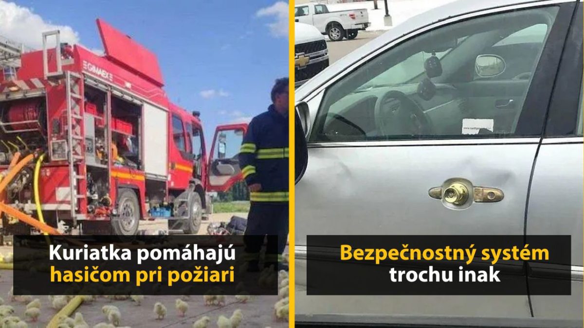 Hasičské auto s kuriatkami a netradičný zámok na aute ukazujú kreatívne riešenia pri požiari a ochrane.