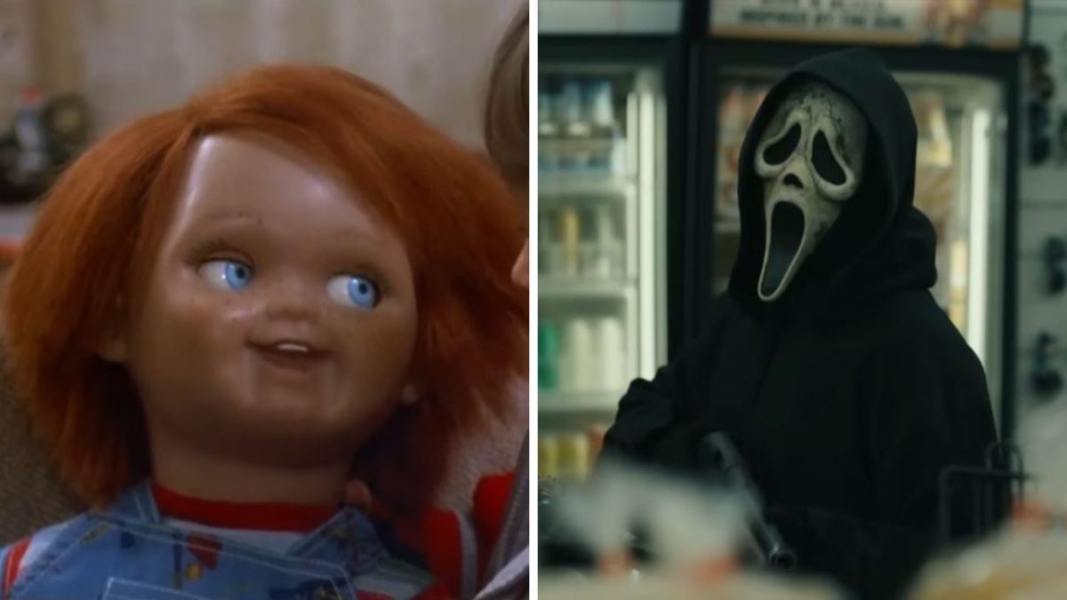 Dve hororové postavy, ľavá bábika s oranžovými vlasmi, pravá postava v maske s vykríknutou tvárou v čiernom plášti.