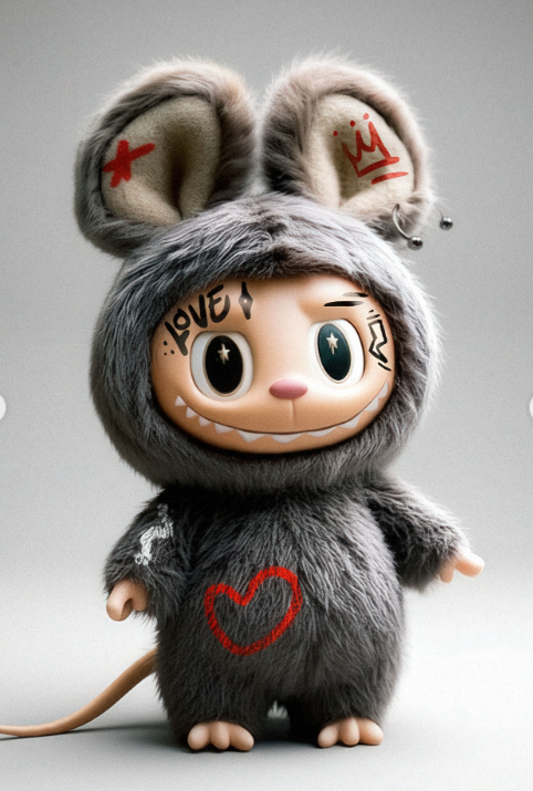 Animovaná postavička v kostýme šedivej myši s nápismi LOVE a JOY na tvári a s červeným srdcom na bruchu.