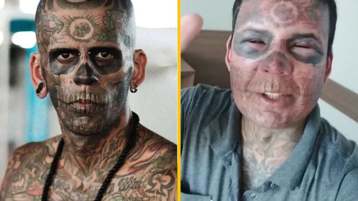 Osoba s výraznými tetovaniami na tvári a tele, rozprávajúca sa alebo pózujúca pre kameru.