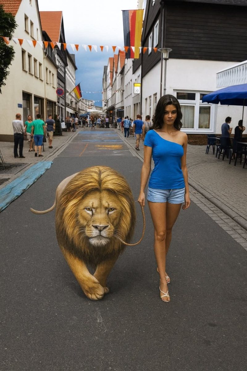 Žena kráča po ulici so sochou leva na vodítku, obklopená ľuďmi a budovami.