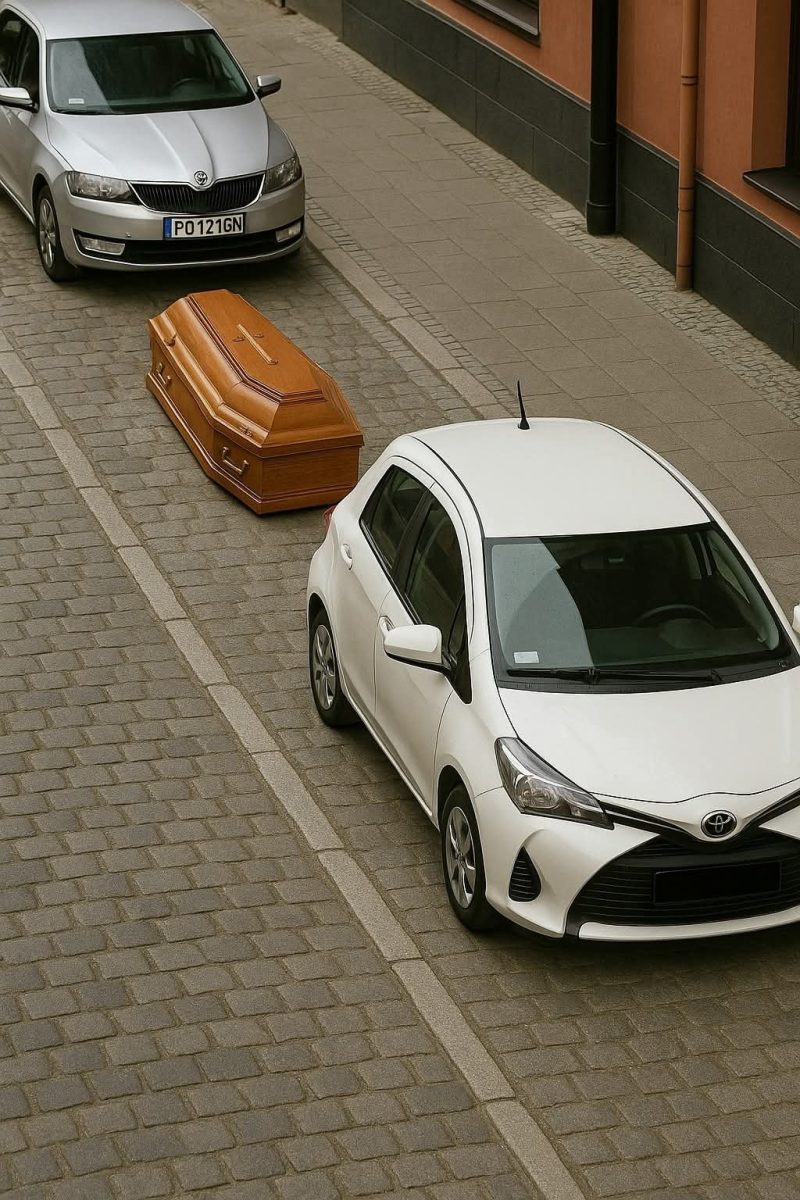 Auto a rakva uprostred cesty medzi dvoma autami na mestečnej dlažbe.