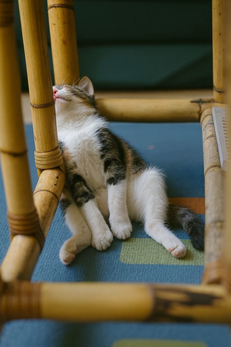 Mačiatko oddychuje pod bambusovým stolíkom, spokojne ležiac na modrom koberci.