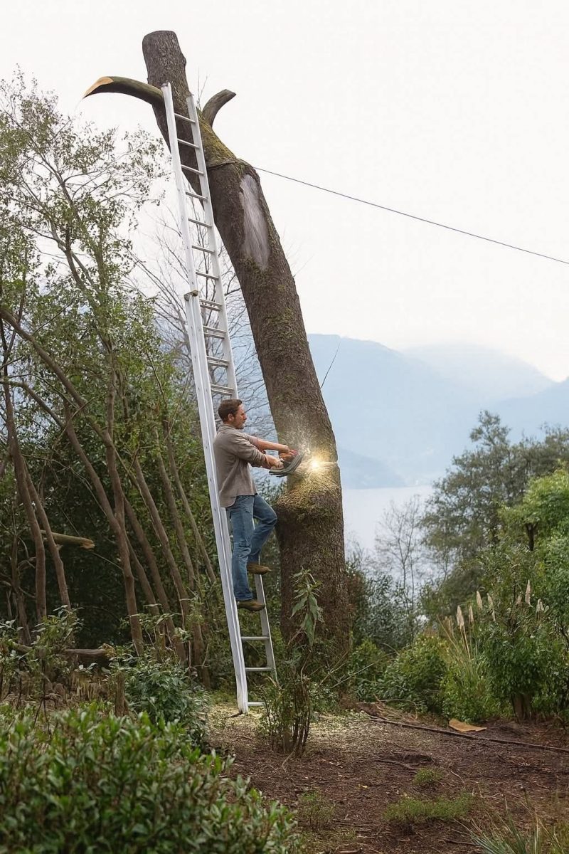 Muž na rebríku reže motorovou pílou strom v lese s výhľadom na hory v pozadí.