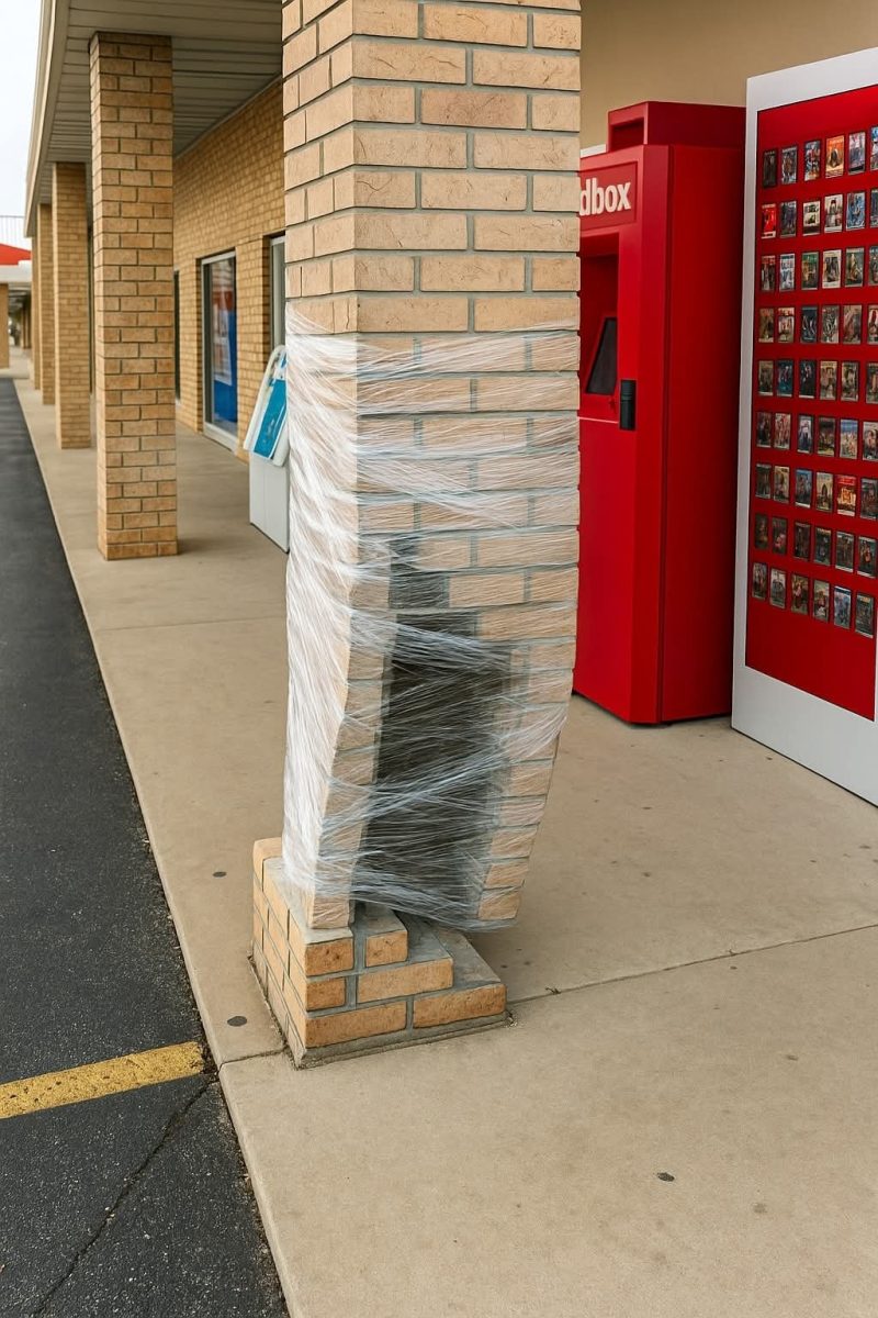 Tehlový stĺp zabalený v priehľadnej fólii vedľa červenej požičovne DVD automatu na chodníku pred budovou.