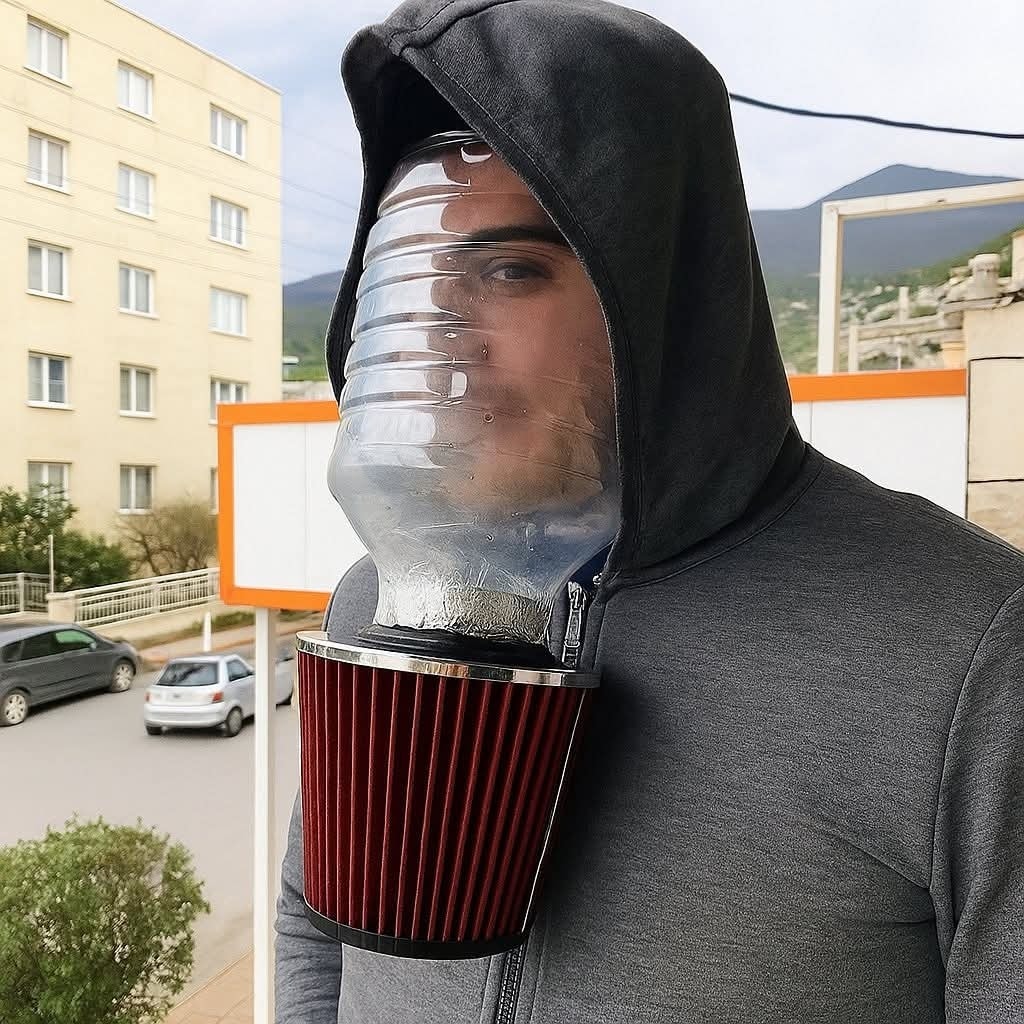 Osoba s improvizovanou maskou z plastovej fľaše a filtrom, stojaca na ulici pri obytnom dome.