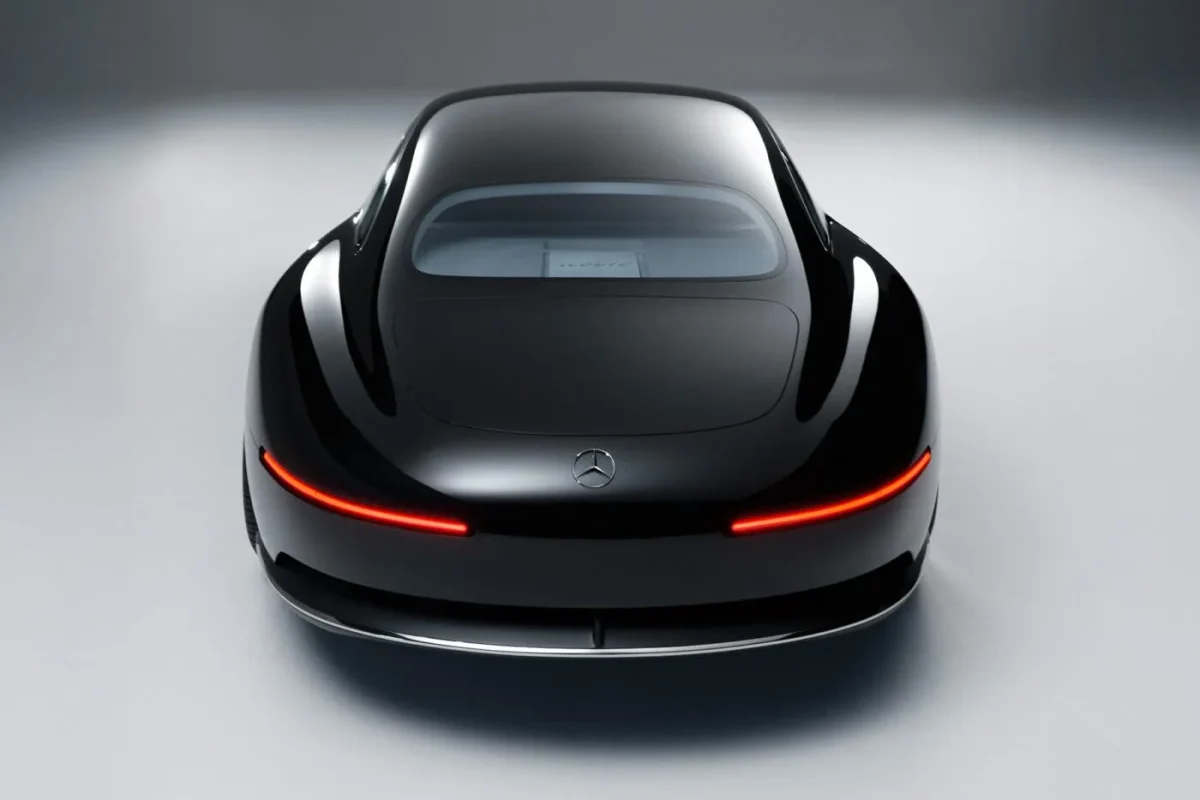 Elegantné zadné svetlá čierneho športového auta na modernom pozadí.