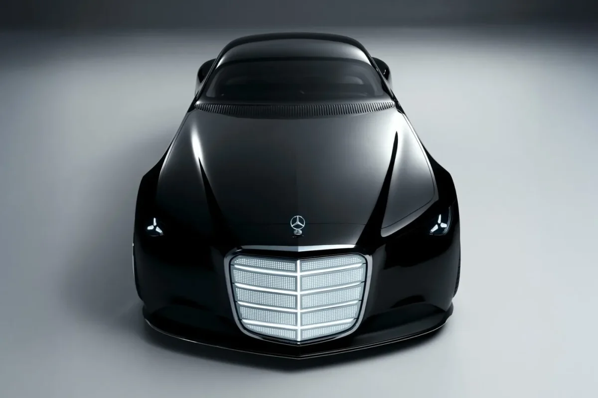 Štýlové čierne športové auto s futuristickým dizajnom a výraznou maskou chladiča z predného pohľadu.