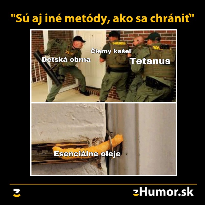 Policajti ako detská obrna, čierny kašeľ a tetanus sa snažia dostať cez dvere blokované esenciálnymi olejmi.