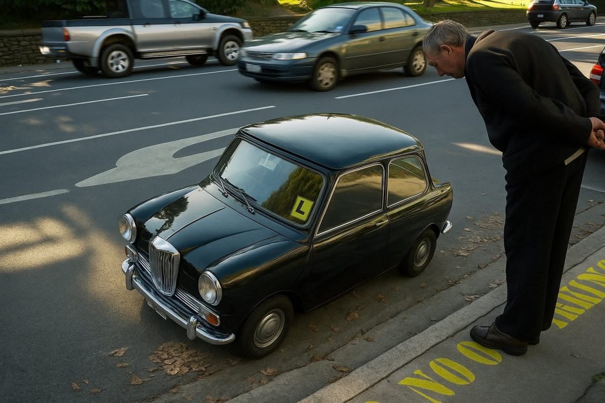 Muž sa skláňa nad malým čiernym autíčkom zaparkovaným pri ceste v meste.