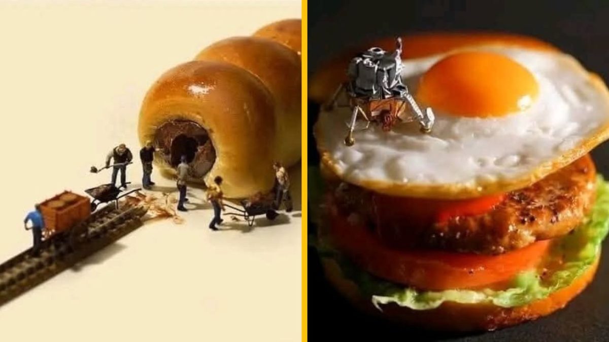 Miniatúry ľudí ťažia chlieb a pristávajú na hamburgeri s vajíčkom ako vesmírne misie. Kreatívna fotomontáž.