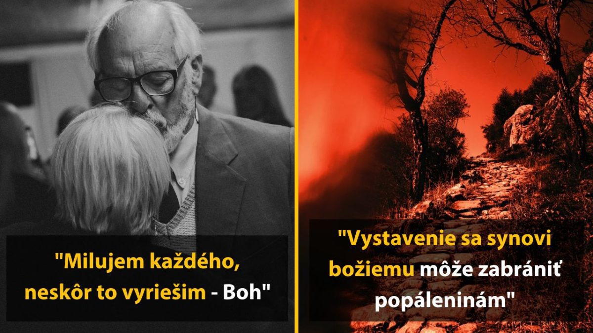 Naľavo starší muž objíma ženu, napravo červeno sfarbená lesná cesta so stromami a skaly, citáty zvýrazňujú pohľady.