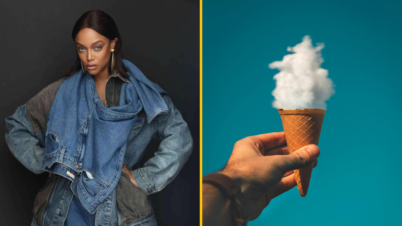 Modelka v riflovom oblečení a ruka držiaca zmrzlinový kornútok s oblakom namiesto zmrzliny na modrom pozadí.