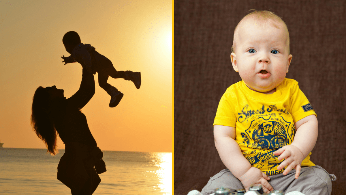 Matka zdvihá dieťa pri západe slnka, šťastný výraz dieťaťa v žltom tričku na hnedom pozadí.