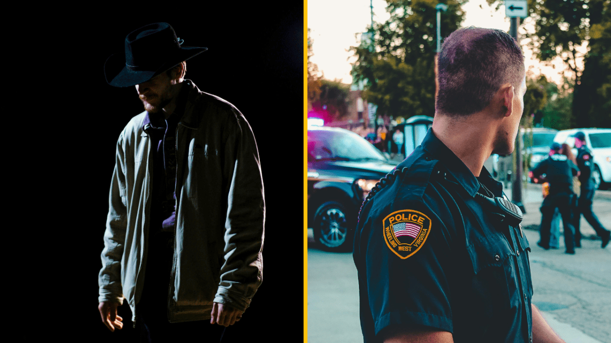 Ľavý obrázok: Muž v klobúku v tieni. Pravý obrázok: Policajt na scéne s vozidlom.